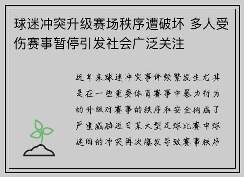 球迷冲突升级赛场秩序遭破坏 多人受伤赛事暂停引发社会广泛关注